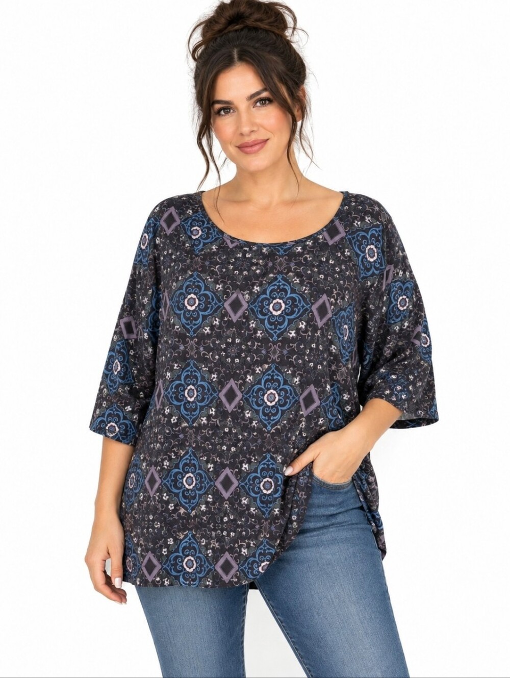 LOVE & LEGEND Blue Floral Boho Tunic Blouse Plus Size 18